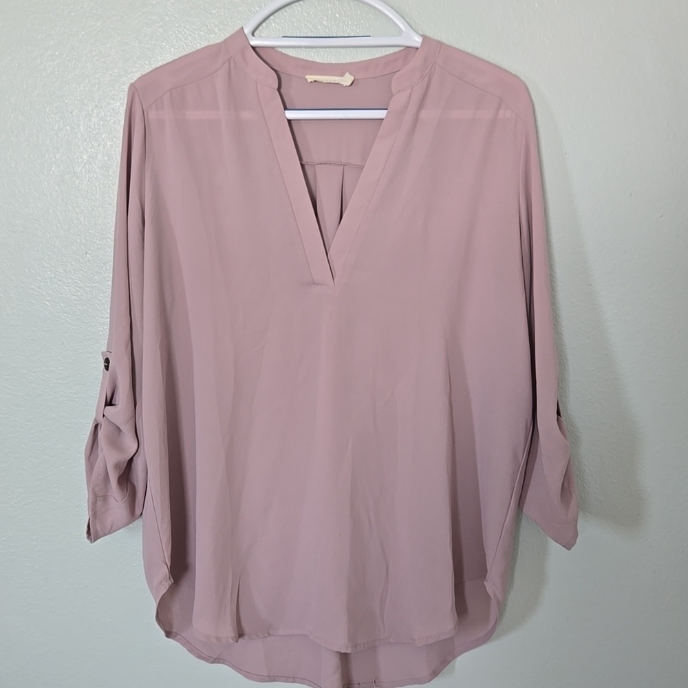 Lush | Taupe Sheer Roll Tab Sleeves Blouse Size Large